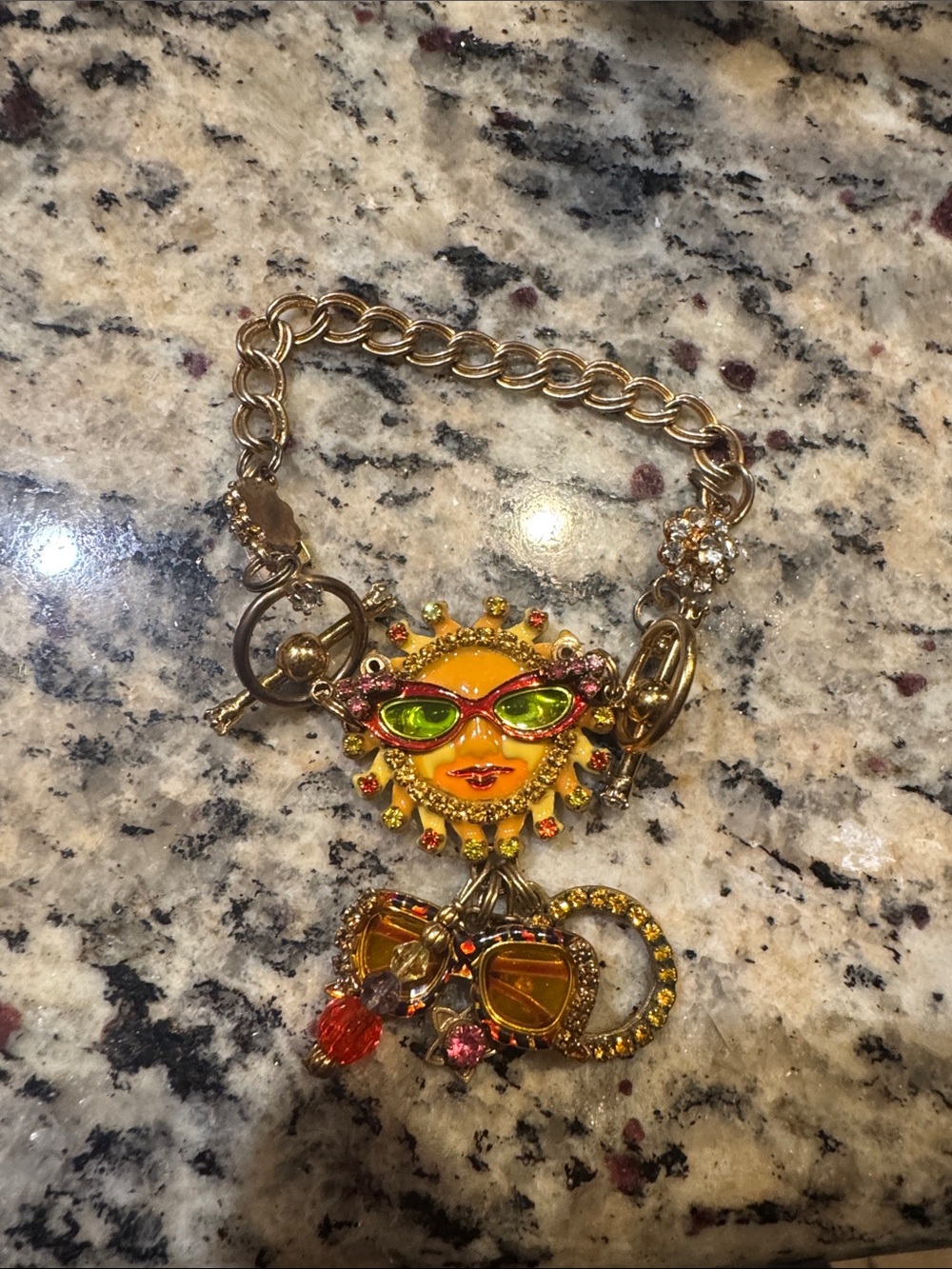 Vintage Lunch At The Ritz Rare Gold-Tone Sunface Charm Bracelet